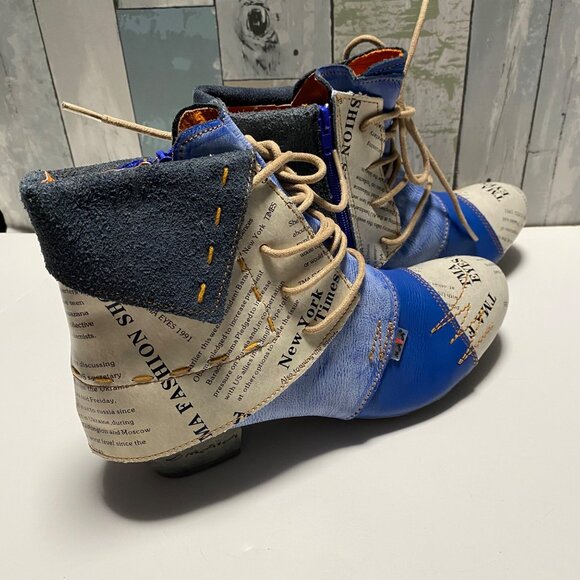 Unique Newspaper Print & Blue PU Leather Ankle Boots Size 9 - Picture 5 of 11